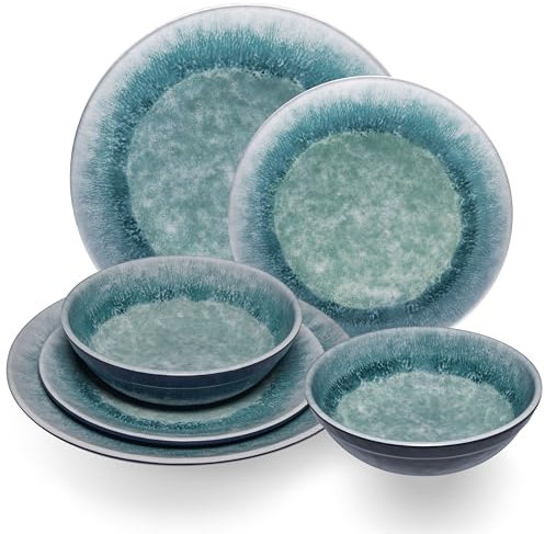 Service de table en mélamine Adria Blue pour 2 personnes – 6 pièces bleu – Aspect grès Passe au lave-vaisselle Vaisselle de camping Camping Camping Festival pique-nique Jardin Party