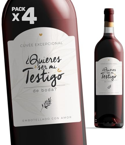 Manahia - Pack de 4 Etiquetas de Botella Testigos - ¿Quieres ser mi testigo de boda? - Idea Original para Petición a Amigos - Vino, Anuncio sorpresa, Regalo original para anunciar