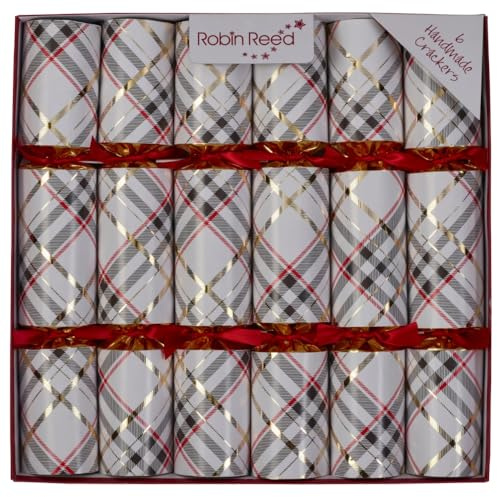 Robin Reed Christmas, English Tradition, 6 - 12″ Handmade Party Favors, Table Decor, Highland Fling 62517.PICCADILLY, White and Gold, Plaid