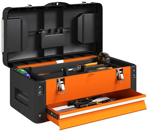 HOMCOM Werkzeugkoffer leer, robust Werkzeugkasten mit Schublade Fächer Tragegriff, Werkzeugkiste Werkzeugbox für Werkzeuge Haushalt Werkstatt Orange