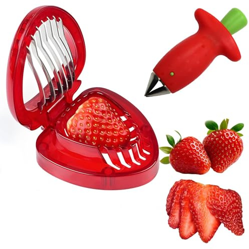 Yeenano Cortador de Fresas,2 Piezas Rebanador de Fresas para Quitar Núcleos y Tallos de Frutas para Fresas,Bayas,Tomates Aparato de Cocina para Hornear,Hacer Mermelada y Preparar Ensalada de Frutas