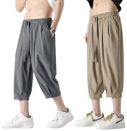 Lymio Shorts för män || trekvartsbyxor för män || avslappnade 3/4 bomullsshorts (shorts 46–49), Grå-khakhi, M