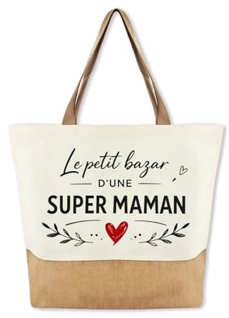 AHEZQILU Cadeau Maman Tote Bag Bicolore Robuste, Cadeau Fete Des Meres Pratique, Sac Cabas Super Maman pour Shopping et Quotidien, Surprise Spacieuse Femme avec Motif Cœur