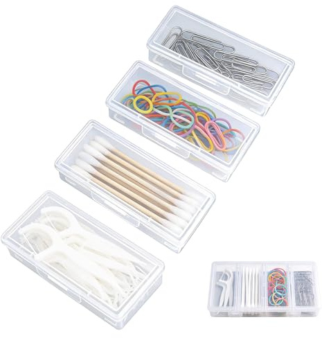 5uds Juego de Soporte para Hisopos Algodón Viaje, Incluye 4 Caja Portátil Hilo Dental Transparentes con Tapa a Prueba de Polvo y 1 Estuche Grande para Guardar Objetos Pequeños