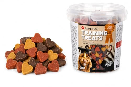 Friandises pour Chien – Mini cœurs au Poulet, Agneau et Saumon – Snack d'entraînement – sans sucres ajoutés – 500 g – Fabriqué en Europe – Flamingo