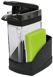 Casabella Sink Sider Solo Kitchen Soap Pump and Sponge Caddy, Black/Chrome - 2-in-1 Soap and Sponge Caddy, One-Hand Soap Dispensing, Ergonomic Design, Easy to Refill and Clean, Efficient Size