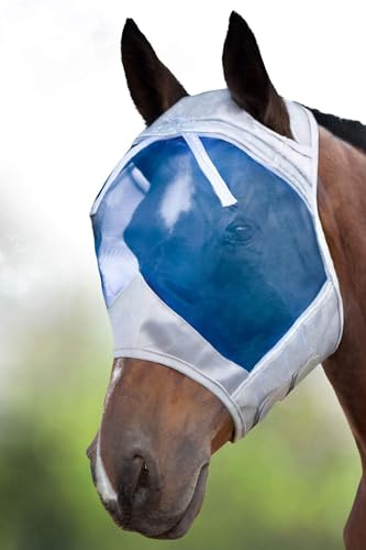 Harrison Howard CareMaster Horse Fly Mask Full Face No Ears Silver/Blue Retro Large Full Size
