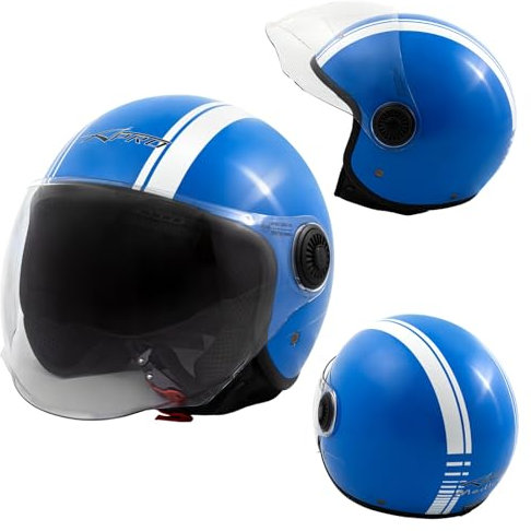 Casque Moto Jet Bleu Brillant ECE 22 06 Visière Graphique Blanc Open Face M