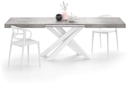 MOBILI FIVER, Table Extensible Emma 160(240) x90 cm, Gris Béton avec Pieds Croisés Blancs, pour 6-10 Personnes, Table Extensible pour Cuisine, Salon, Made in Italy