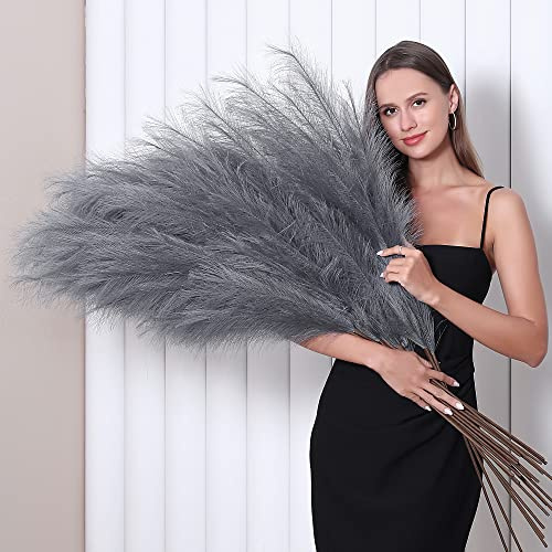 8 st fuskpampasgräsdekor hög 115 cm (45 tum), stor konstgjord grå pampasgräs, långa fluffiga falska pompas för golvvasfyllning, blomsterarrangemang, bröllop, fest, hem, boho-dekor (grå)