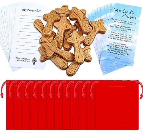 WILLBOND 12 Set Small Wooden Holding Crosses 4 Inches Easter Pocket Wall Crosses Hand Held with Red Velvet Pocket and Certificates Jesus Cross Gift for Prayer Men Religious Christian Church Gift
