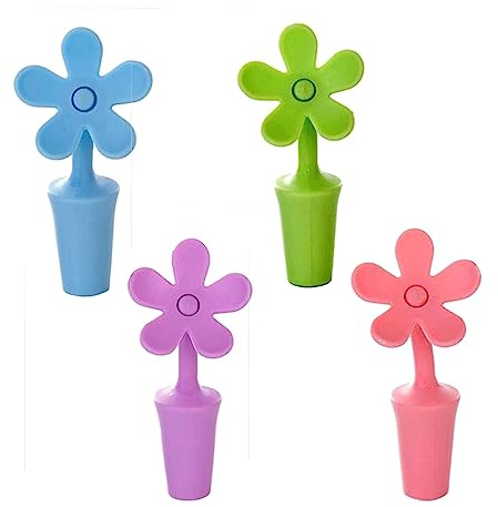 Vinproppar i silikon – färgglad blomdesign flaskpropp återanvändbar kreativ flasklock för ölflaska, champagneflaska (paket med 4)