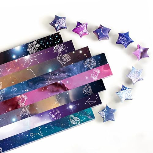 Strisce di carta a forma di stella, 12 stili di costellazioni stampate origami stelle, strisce di carta Lucky Star per alleviare lo stress, abilità manuali, decorazioni, fai da te (1080 pezzi)