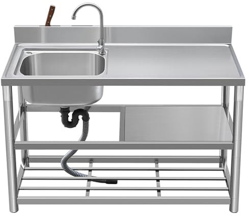 Freistehende Edelstahl Spültisch,Gewerbliche Küchenspüle mit Wasserhahn mit Kalt und Warmwasserschläuchen,Spülbecken für den Außenbereich, Garagenspüle, Für Bar, Hauswirtschaftsraum Und Garage