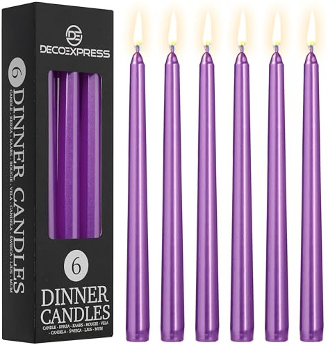 DECO EXPRESS Velas Decorativas - Set 6, 10, 15 o 50 Velas Larga Duracion sin Goteo, 8 Horas de Quema, sin Fragancia (Púrpura Metalizado - Paquete de 6)