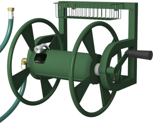 Artigarden Carrete de manguera de jardín montado en la pared, soporte de manguera de agua resistente para exteriores, soporta 125 pies de manguera de 5/8 pulgadas, con manguera líder de 4 pies,