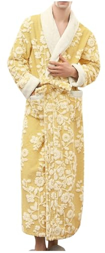 Mrat Men's Nightwear Dressing Gown Warm Thick Velvet Bathrobe Floral Pattern Big Tall Full Length Plush Fleece Long Robe Warm Winter House Robes Nightwear Soft Pyjamas Luxury Spa Robe