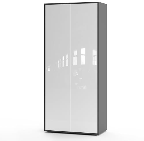 SIMPLYFURN Büroschrank Amira T00, geschlossener Schrank mit 2 großen Türen, Anthrazit & Weiß Hochglanz, Push-to-Open, 180x80x40 cm, Aktenschrank für Büro und Homeoffice