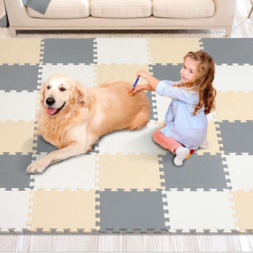 VEVOR Tapis de Jeu 36PCs, Dalles en Mousse EVA de 10 mm d’Épaisseur, Tapis Puzzle 31,5 x 31,5 cm, avec Couverture de 3,3 m², Emboîtable pour Salle de Jeux, Crèche, Salon, Maison, Camel, Gris et Beige