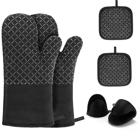 Yyyuluo 300°C Hitzebeständige Ofenhandschuhe & Topflappen Set, rutschfeste Silikon Backhandschuhe Topflappen Handschuh für Küche, Backen, BBQ, Grillen und Auflaufform, 6er-Set Schwarz