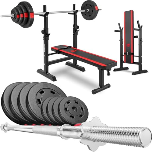 HOP-Sport® Banc de Musculation Pliable Plat, Support Barre Longue HS-1080 et Ensemble d’haltères: Disques de Poids en Plastique de 37 kg pour Entraînement Complet à Domicile Charge Max. 270 kg, Noir