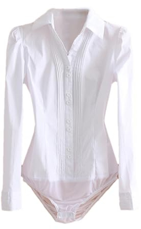 Vsadsau Bodysuit da donna a manica lunga, camicia da ufficio tinta unita, abbottonatura sottile, camicetta da lavoro con risvolto, bianco, XL