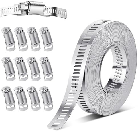 Abrazaderas Metalicas para Tubos, 5M Ajustables Inoxidabl Abrazadera Metalicas con 12Pcs sujetadores, Abrazaderas de Acero Inoxidable 304 para Tubo Piscina, Manguera Coche, Jardín, Tuberías, Tanques