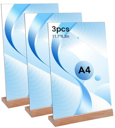 Thboxes 3 Stück Tischaufsteller A4, Transparent Preisschilder Aufsteller Acryl mit Holzfuß, Vertikaler L-Ständer Doppelseitig Tischständer für Menükarten Prospekte Werbung Restaurant Café Büro