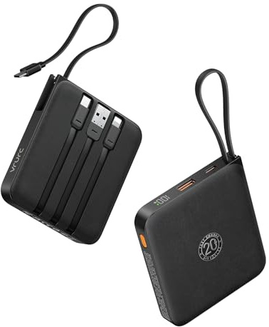 VRURC Power Bank, 22,5W Bateria Externa Carga Rapida 10000mAh con 4 Cables Integrado, Mini USB C In & out Cargador Portatil, Powerbank Fast Chagring Compatible con iPhone/iPad/Samsung/Xiaomi (1 Pack)