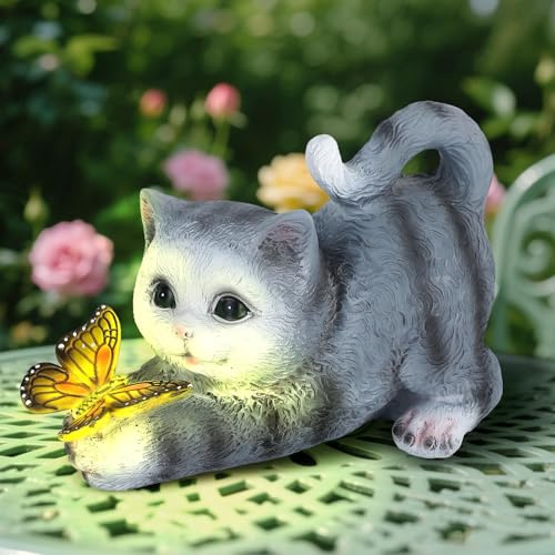 Pawfly Estatuas Solares Jardín, Decoración Solar Exterior, Decoración Gato con Luz Mariposa, Figura Resina Gato, Estatuas Gato Exterior Luces Solares para Jardín, Terraza, Balcón, Porche, Césped y Pat