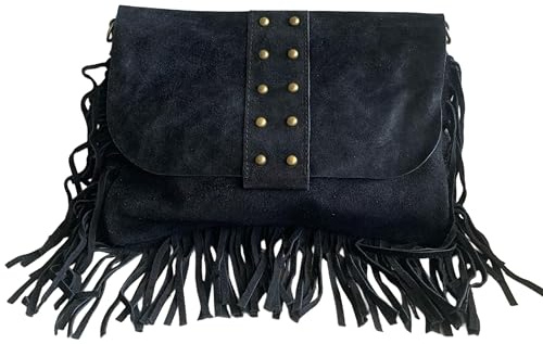 Borsa a tracolla con frange e borchie in camoscio italiano. Cinturino regolabile e intercambiabile. Chiusura con cerniera. Interno foderato con tasca integrata., Nero , M