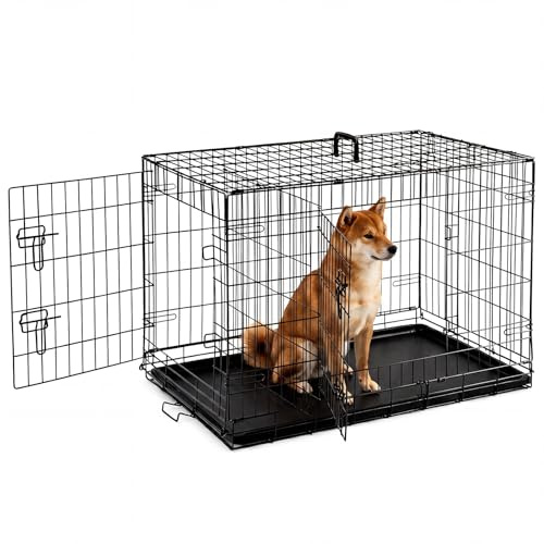 Aidoly Dog Crate - Medium 36 Inch Double Door Portable Dog Cage, Metal Wire Pet Kennel with Secure Lock, Leak-Proof Pan Tray, Foldable Design for Dogs Pets Indoor Training and Outdoor Trave