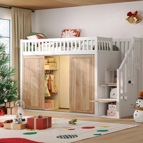 Xfholl 3ft Loft Bed with LED Lighting and Storage Stairs, Wooden Bed with Wardrobe, White + Natural, 90 x 190 cm (No Mattress)