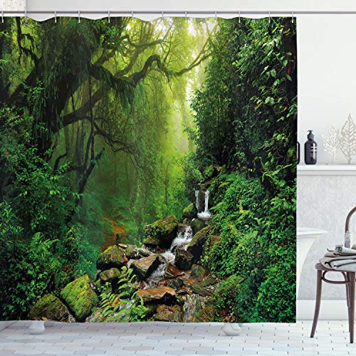 ABAKUHAUS Natur Duschvorhang, Idyllische Wald Entwurf, Stoffliches Gewebe Badezimmerdekorationsset mit Haken, 175 x 200 cm, Jägergrün Smaragdgrün