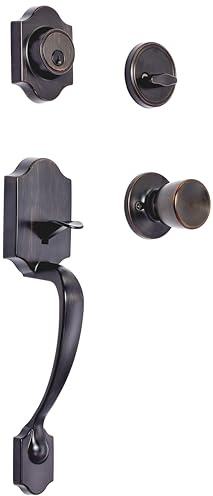 Amazon Basics Front Door Lock Set, Handleset with Tulip Knob, Easy Installation, Level Door Handle, Exterior, Single Cylinder, Oil Bronze, 1-Pack