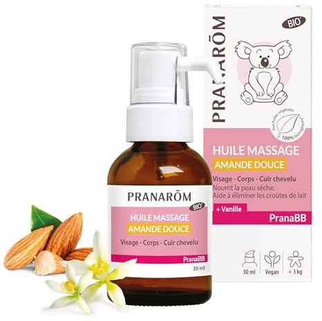 Pranarôm PranaBB Huile de Massage Peau Sèche Bio 30 ml | Amande douce et vanille pour nourrir la peau et aider à éliminer les croûtes de lait.