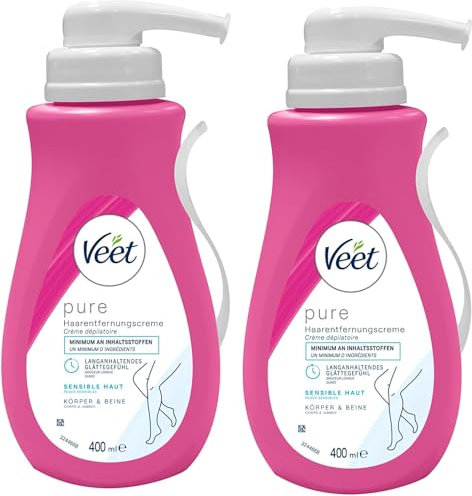Veet Pure Haarentfernungscreme für Körper, Arme & Beine - Enthaarungscreme für sensible Haut - Minimum an Inhaltsstoffen - (2er Pack) 2 x 400 ml Spender inkl. Spatel