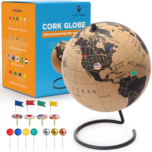 Cork Globe with Push Pins - 9.4” Globe with Map of the World and Rotating Stand for Adults, 100 Metallic and 100 Colored Push Pins - World Map for Home, Office, Travel