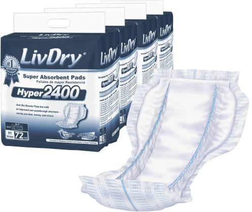 LivDry High Absorbency Pad Insert for Incontinence Briefs and Adult Diapers, Women and Men, Hyper 2400 (72 Count)