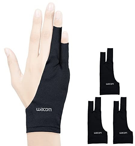 Wacom Zeichenhandschuh, Zwei-Finger-Künstler-Handschuh für Zeichnungstablet-Stift-Display, 90% recyceltes Material, umweltfreundlich, Einheitsgröße (3er-Pack), Schwarz