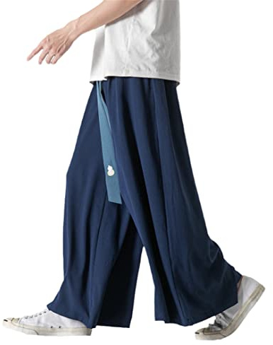Hommes Chinois Traditionnel Mince Grande Taille Glace Soie Hakama rétro Hanfu Tai Chi Kung Fu Pantalon décontracté Navy Blue 3XL