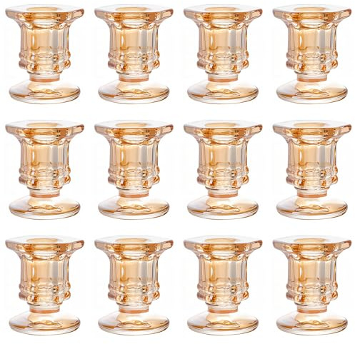 12Pcs Glass Candle Holder, Clear Taper Holders, Small Candlestick Stands in Bulk for Wedding, Dinner Table, Party, Festive Decor and Everyday Decoration (Gold)