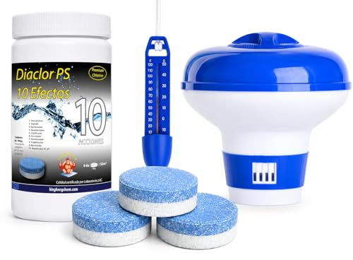 Kit Cloro Piscinas pequeñas DIACLOR PS 10 Efectos 1 KG (Pastillas 100 GR) Tratamiento Completo + DOSIFICADOR Grande + TERMÓMETRO