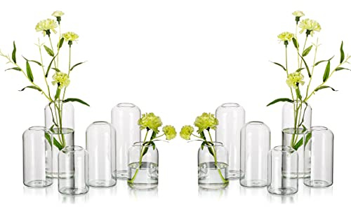 Glass Bud Vases for Flowers - Hewory Blown Modern Small Glass Vases for Centerpieces Set of 12, Mini Clear Bulk Flower Vases for Wedding Party Events Home Decor Floral Arrangement (Not Include Flower)