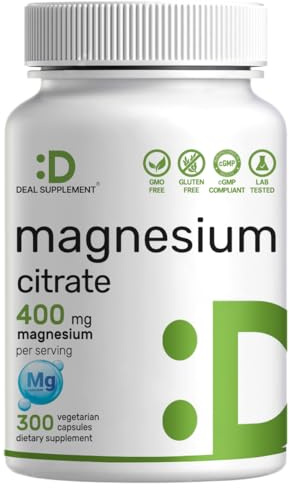 Magnesium Citrate 400mg Per Serving, 300 Veggie Capsules – Chelated, Easily Absorbed, Purified Trace Mineral – Muscle, Heart, & Digestive Support – Non-GMO