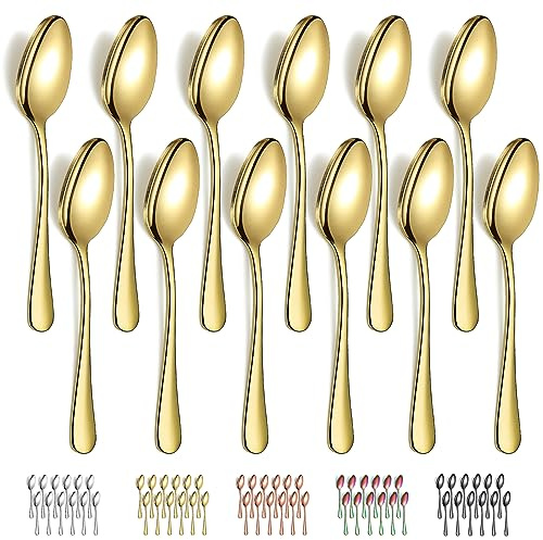 Evanda Gold Dinner Spoons 12 Pieces, Gold Titanium Plating Stainless Steel 7.28inch Spoons, Dessert Spoons, Table Spoon, Soup Spoons, Easy To Clean, Dishwasher Safe