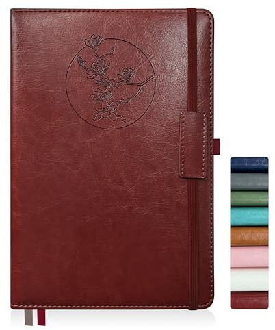 Qefuna Cuaderno de notas para mujeres y hombres, 256 páginas A5 cuadernos de notas de cuero, diario de rayas/cuaderno con papel 100Gsm, soporte para bolígrafo 5.8×8.4(Rojo burdeos)
