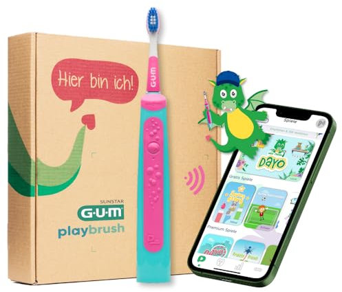 GUM Playbrush JUNIOR 6+, smarte elektrische Schallzahnbürste für Kinder ab 6 Jahren mit interaktiver Spiele-App, Andruckkontrolle, Timer, 2 Putzprogrammen, 1 Aufsteckbürste, 8 Wochen Akku, Pink