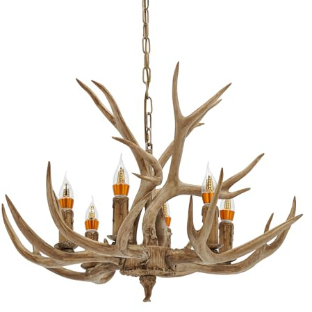 Mermajestic 66 cm x 45 cm 220 V 6 lampor vintage horn ljuskrona matbord amerikansk lantlig ljuskrona E14 x 6 harts horn hängande lampa svart lampskärm hängande lampa retro lampa bar