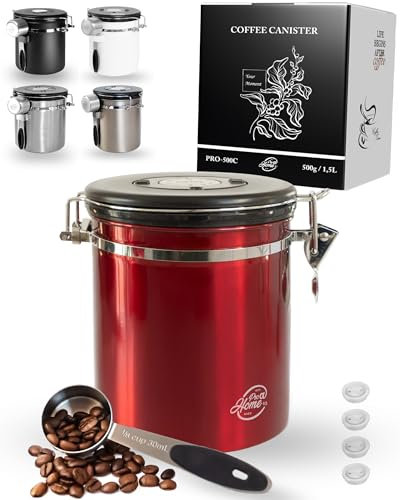 Pro@Home43® - Kaffeedose luftdicht 500g - Rot - Kaffeebohnen Vorratsbehälter 1,5L aus Edelstahl mit Kalenderfunktion, inkl. Dosierlöffel und 4x C02 Ersatzventilen, stilvolle Verpackung